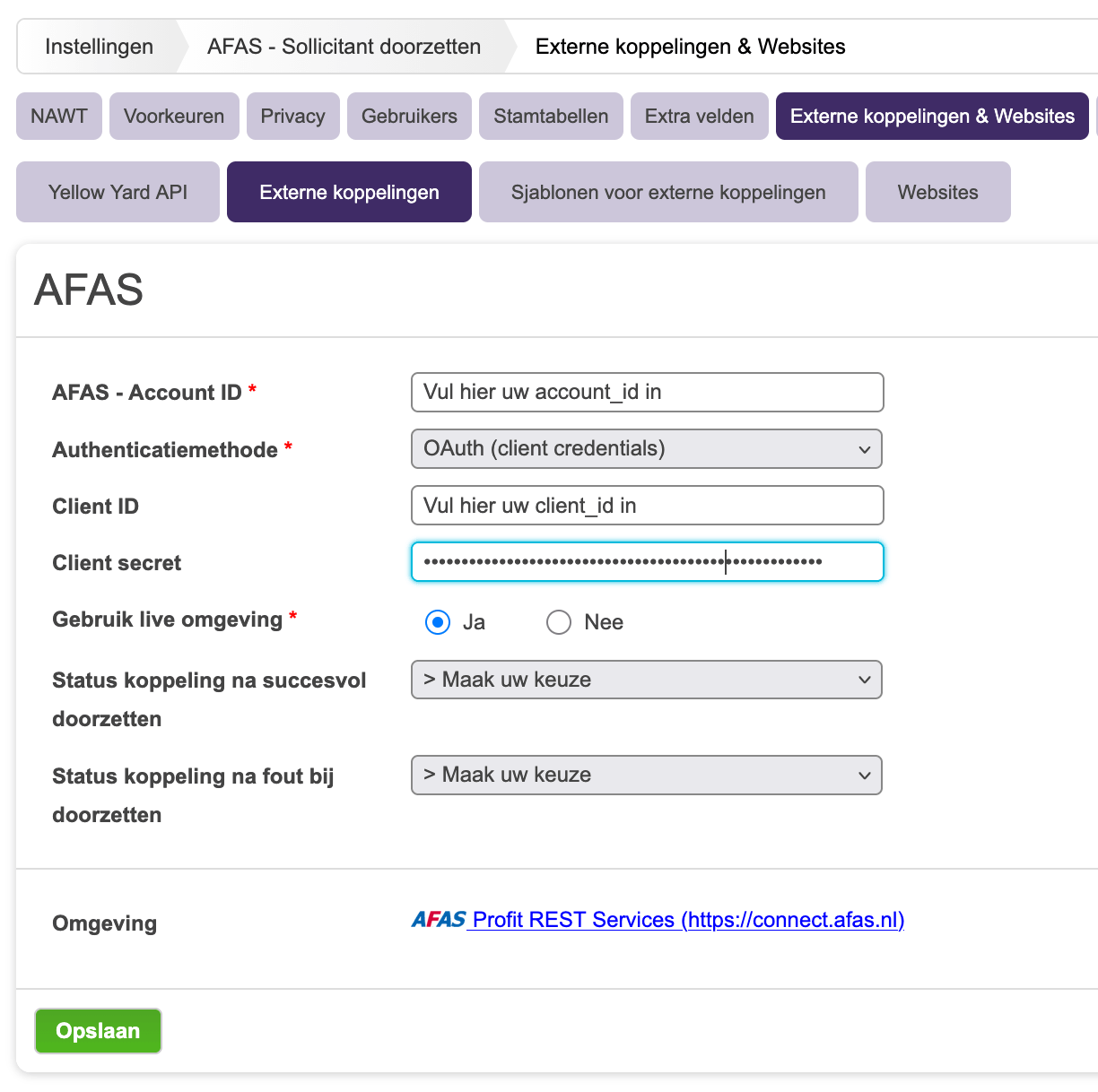 AFAS-instellingen in Yellow Yard met authenticatiemethode OAuth (client credentials)