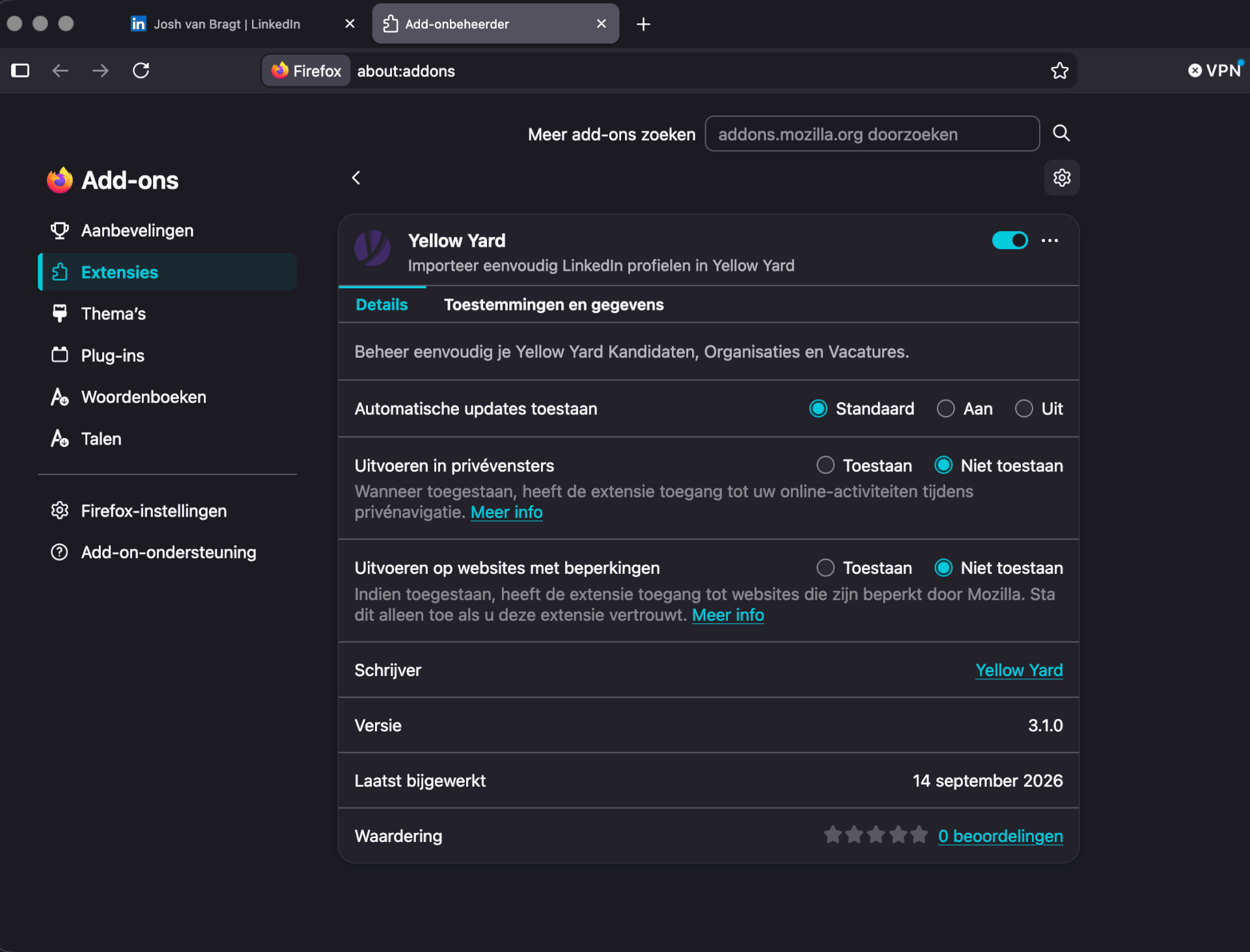 De Yellow Yard LinkedIn Extensie in Firefox