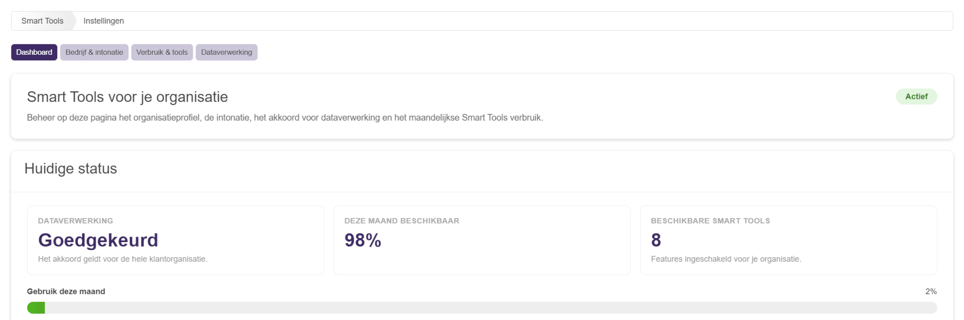 Het Smart Tools-dashboard in Yellow Yard met dataverwerking, beschikbaar verbruik en actieve Smart Tools