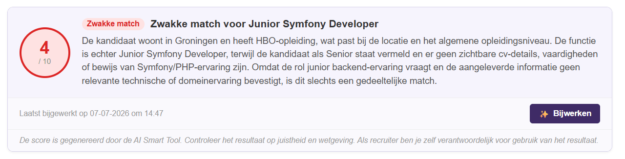 Smart Tool Matchscore met een score en toelichting bij een koppeling