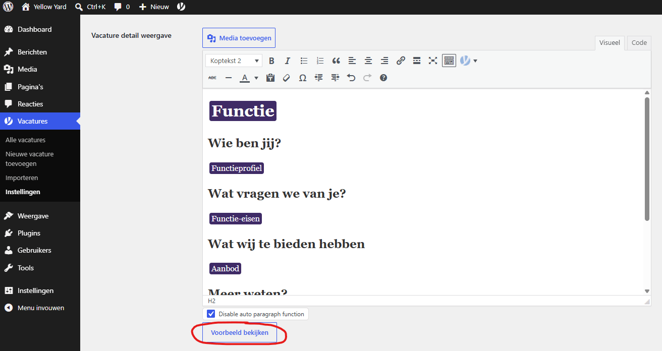 Templates aanpassen in de Yellow Yard WordPress plugin met de knop Voorbeeld bekijken