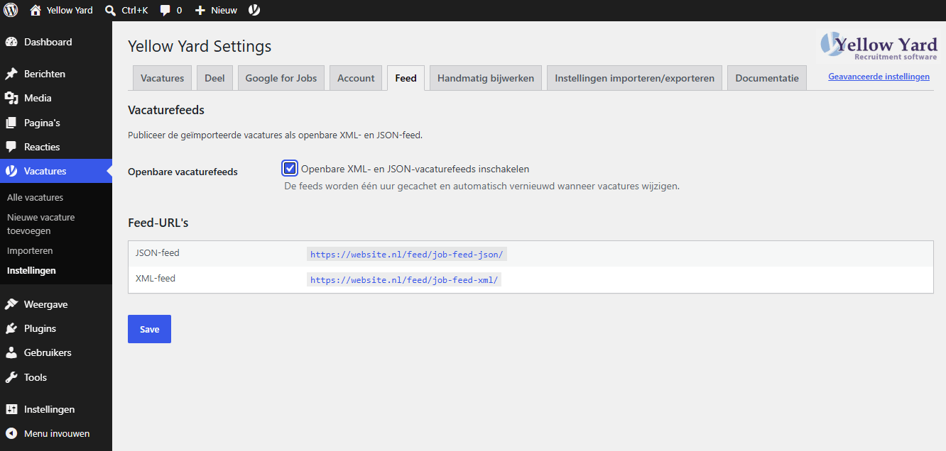 Openbare XML- en JSON-vacaturefeeds inschakelen in de Yellow Yard WordPress plugin